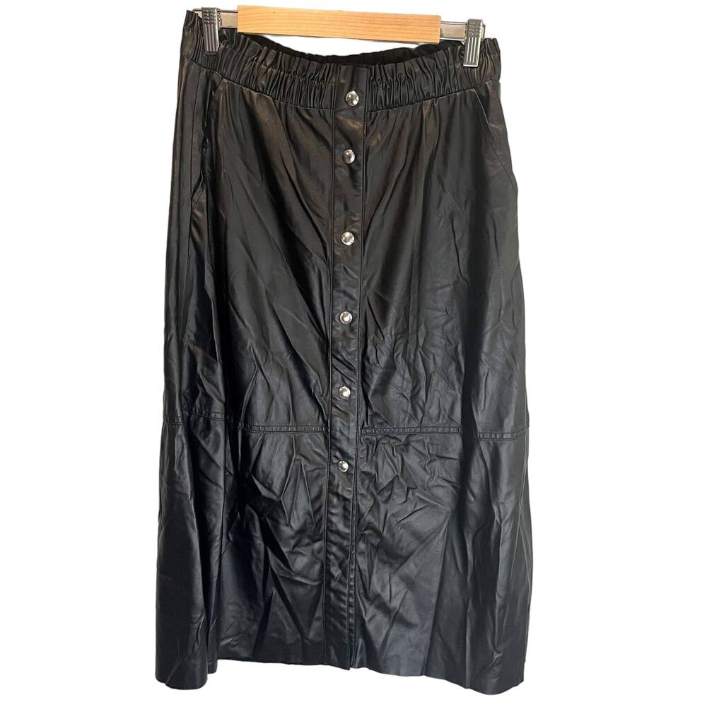 Blank NYC Black Faux Leather Midi Skirt with Front Buttons